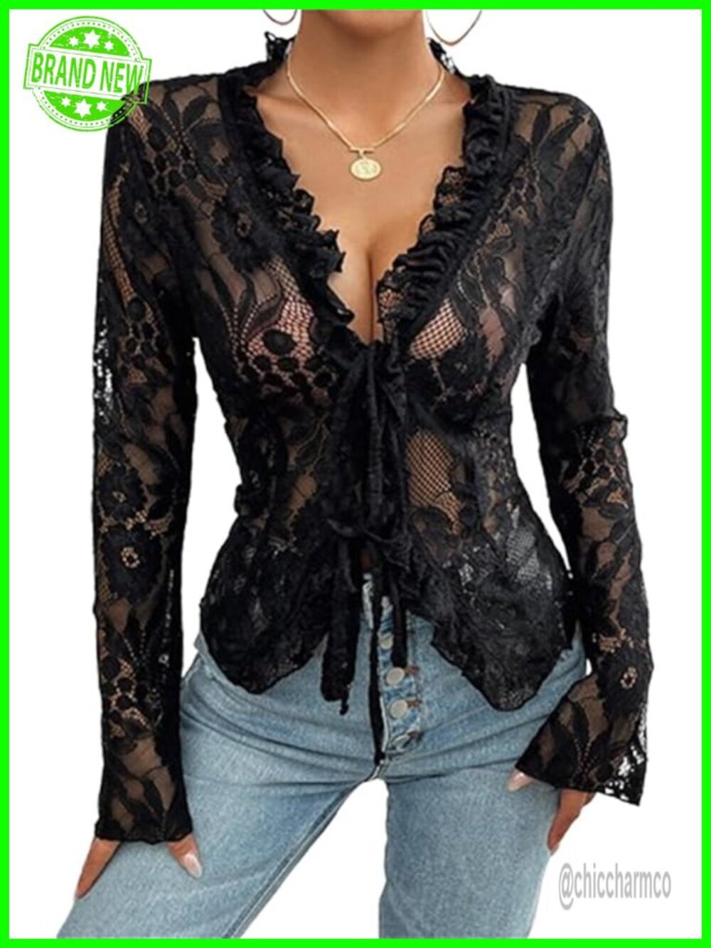 Y2K Sexy Open Front Tie Long Sleeve Ruffle Trim See Through Mesh Crop Top